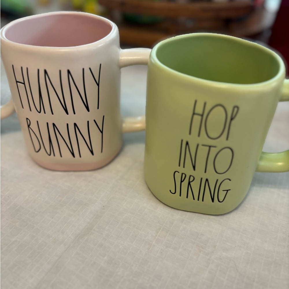 Lot of 2 Rae Dunn Pink and Green Ceramic Mugs Set